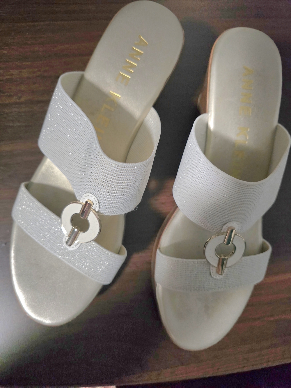 Anne Klein White Slide Mules with Gold Ring Accent